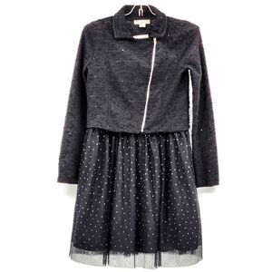Knitworks Glitter Polka Dot Black Skater Dress With Sequin Moto Jacket Girls 16